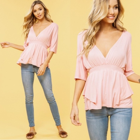 Glamvault Tops - Blush Layered Peplum Top With Dolman Sleeves